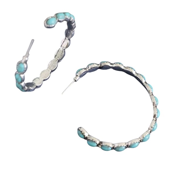 Turquoise Stone Large Silver Hoop Earrings - Picture 6 of 8